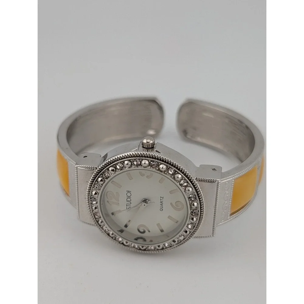 Studio Time Watch Women 33mm Silver Tone Yellow MOP Inlay Cuff Bling New Battery